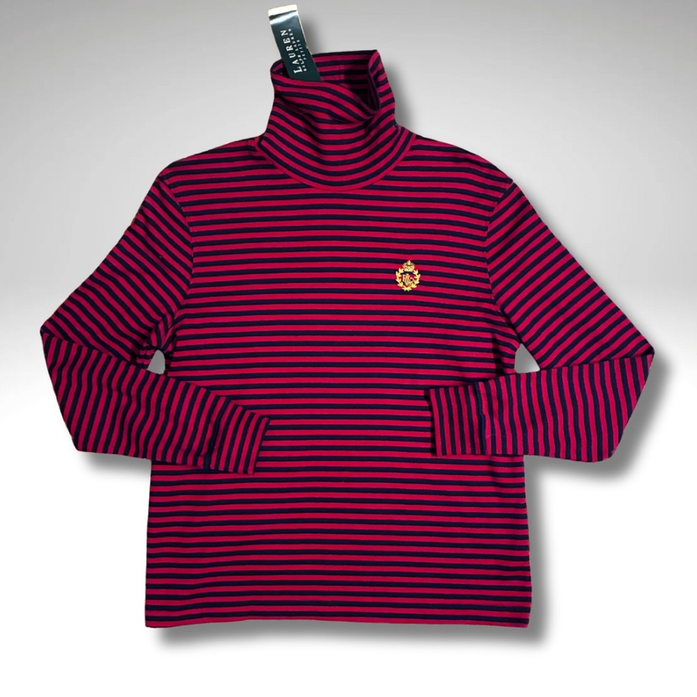 NWT Ralph Lauren Petite Striped Turtleneck Top Red Navy Crest Logo PM
